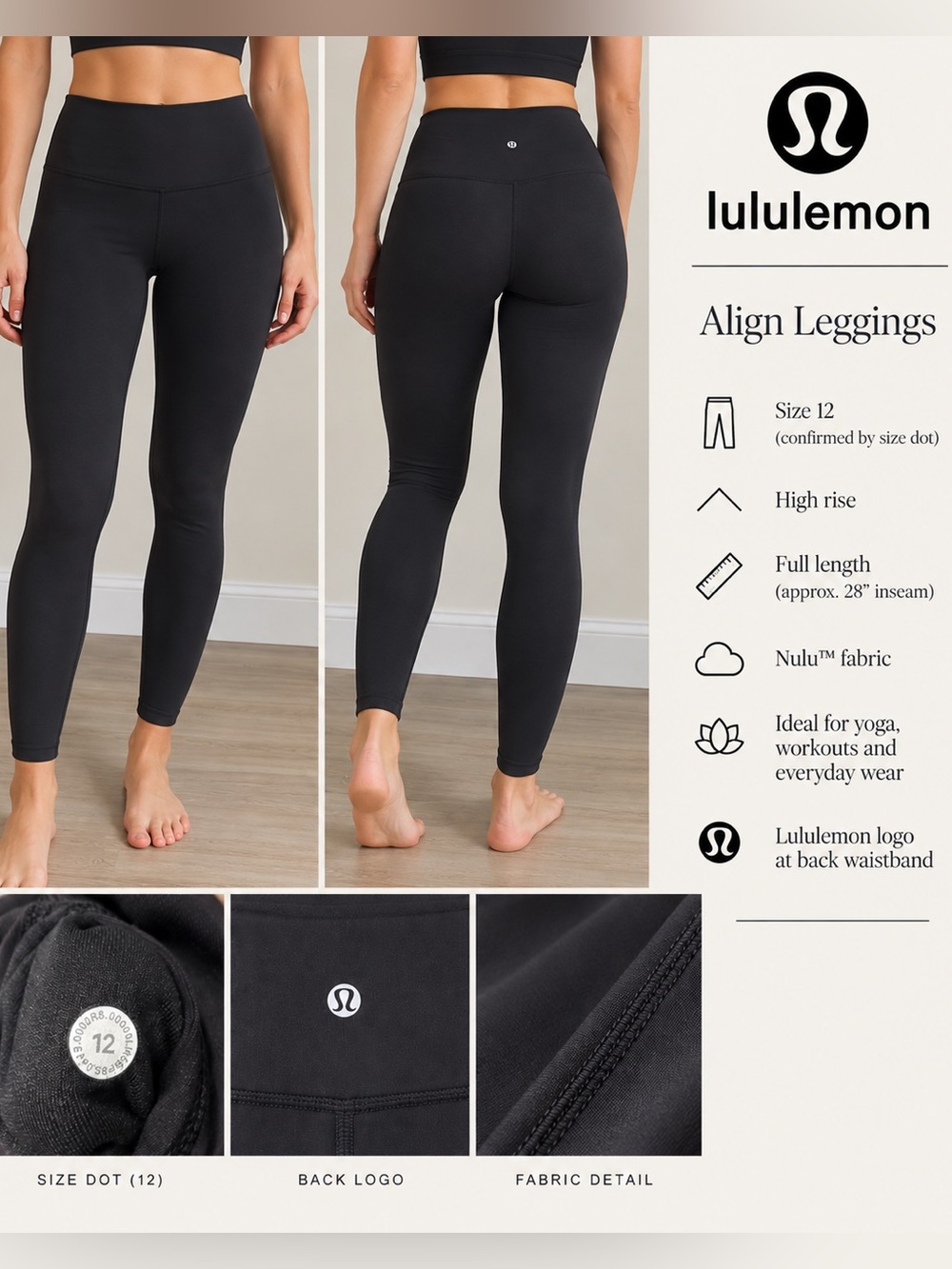 Lululemon Black High Rise Full Length Leggings Size 12